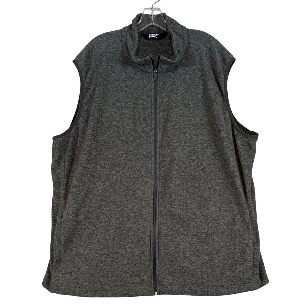Lands' End Mens XXL 50-52 Fleece Vest Full Zip Charcoal Gray Heathered Mock Neck
